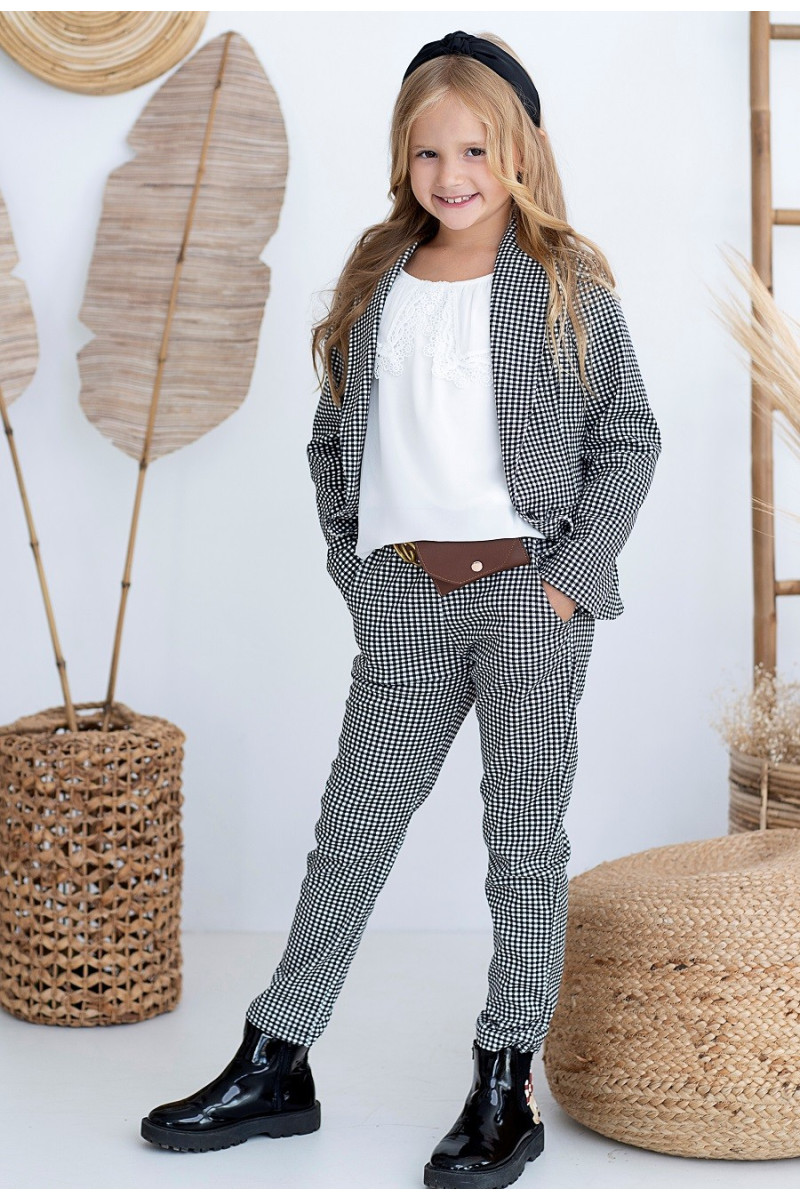 Komplet dla dziewczynki żakiet i spodnie w kratke z saszetką witaj szkoło sówka odzież dziecięca
